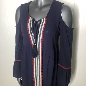 Blue/red/cream cold shoulder dress.